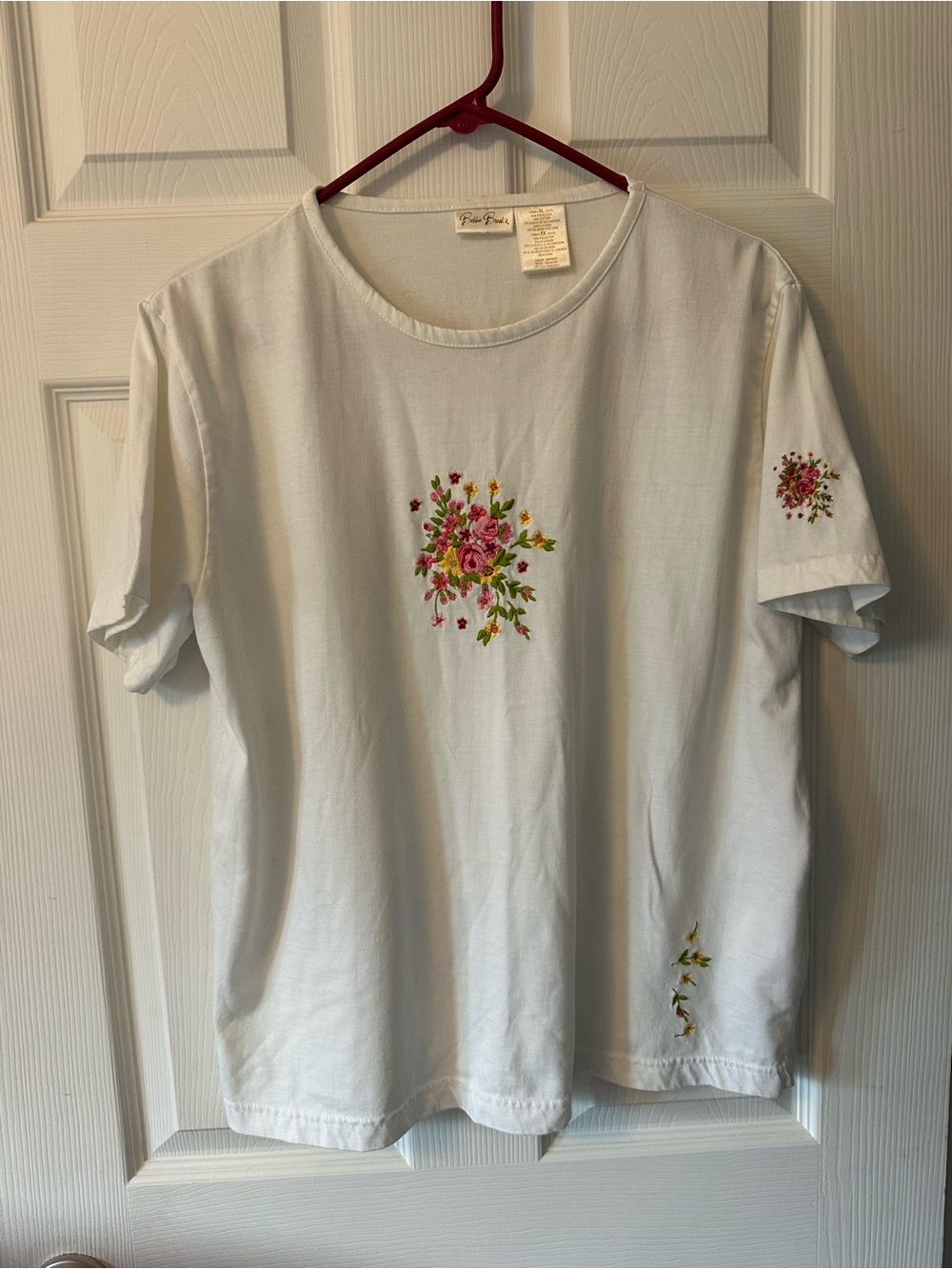 Bobbie Brooks White Tee with Pink & Yellow Floral Embroidery